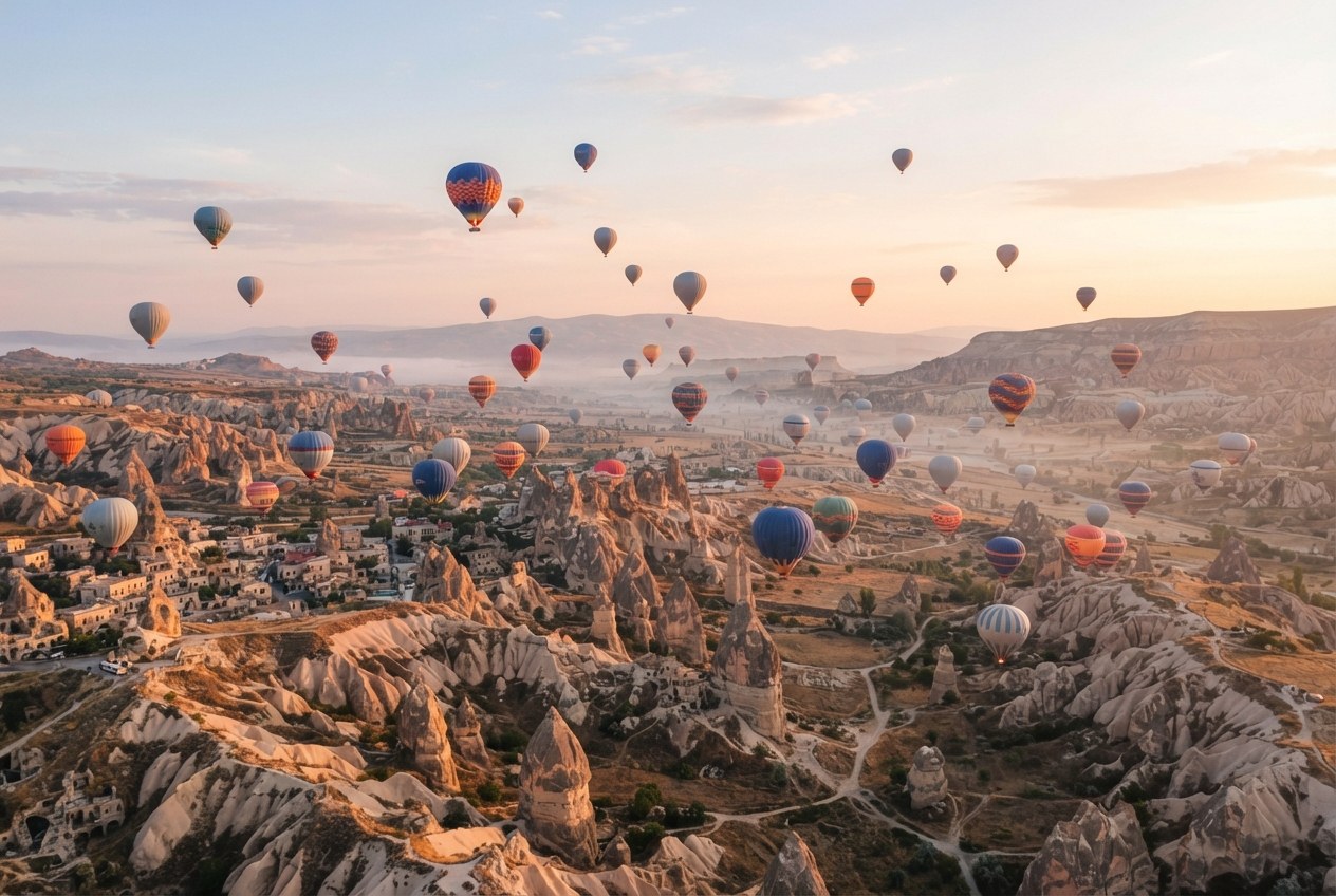 Şafak vakti Göreme semasında yükselen balon filosu