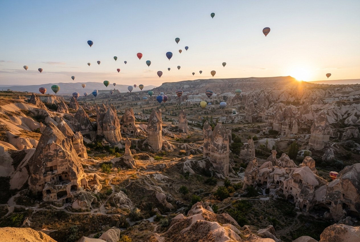 Şafakta peribacalarının üzerinde süzülen sıcak hava balonları