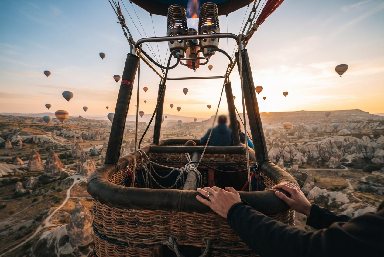 Şafak vakti balon sepetinden Kapadokya vadisi manzarası